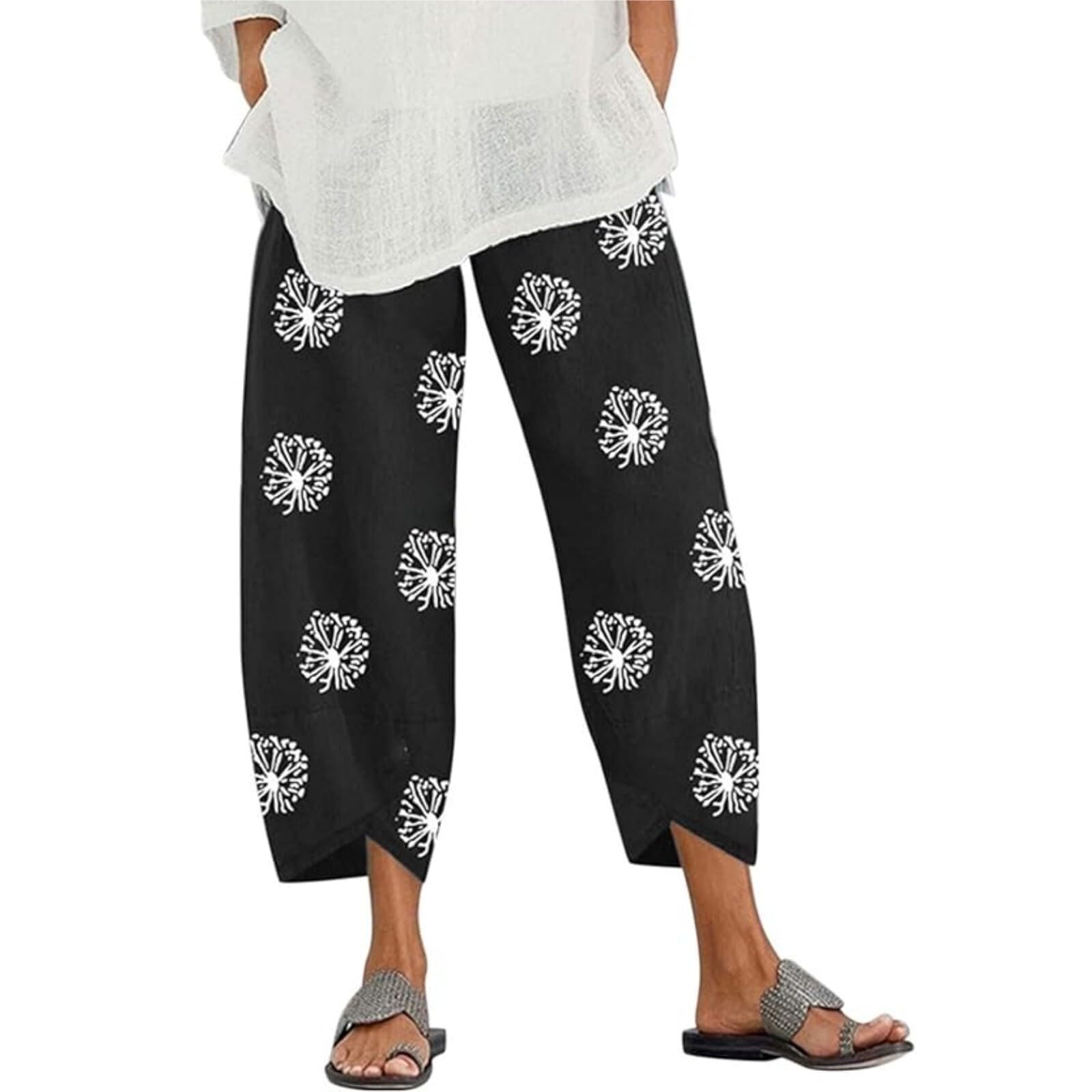Linen Capri Pants for Womens Casual Cotton Cropped Elastic Waist Lounge Baggy Palazzo Trousers with Pockets
