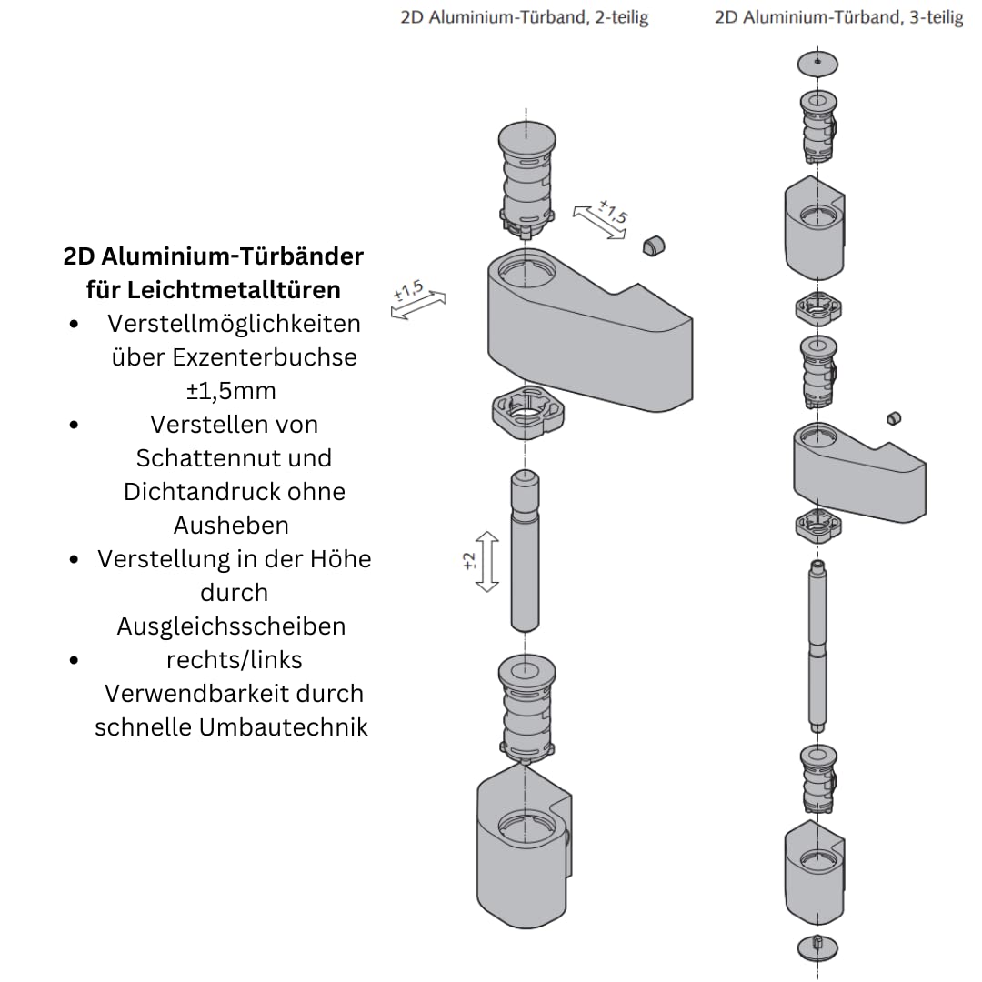 WSS 2D Alu-Türband 2-tlg. Drehpunkt 36/Achse 92 – Art. 04.150.3692.154 | höhen- & seitenverstellbar, Exzenterbuchse ±1,5 mm, E6/C-34 Dunkelbronze