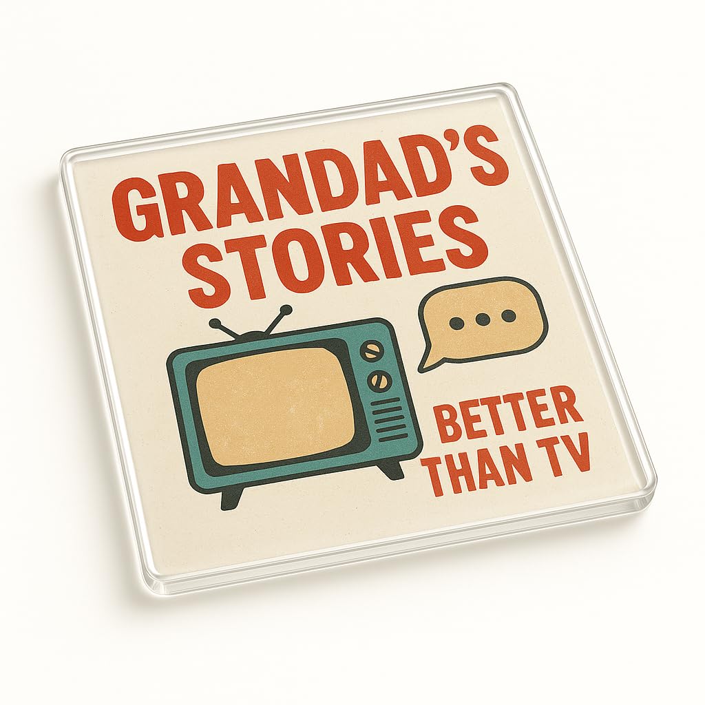 Retro Acrylic Coaster Gift for Grandad's Birthday - Nostalgic Funny Present with Vintage TV Illustration and Humorous Quote