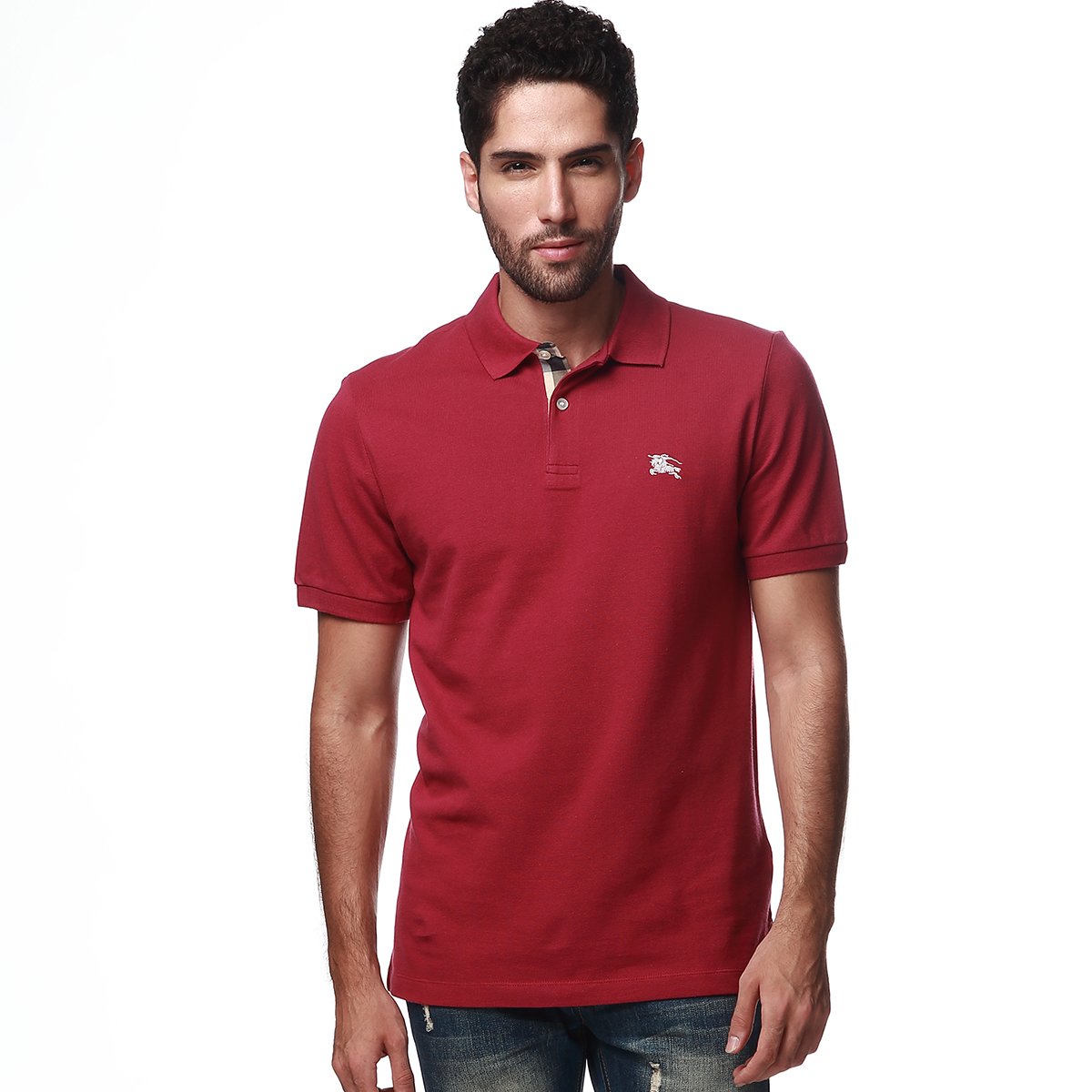 Burberry Brit Mens Berry Pink Check Cotton Pique Logo Slim