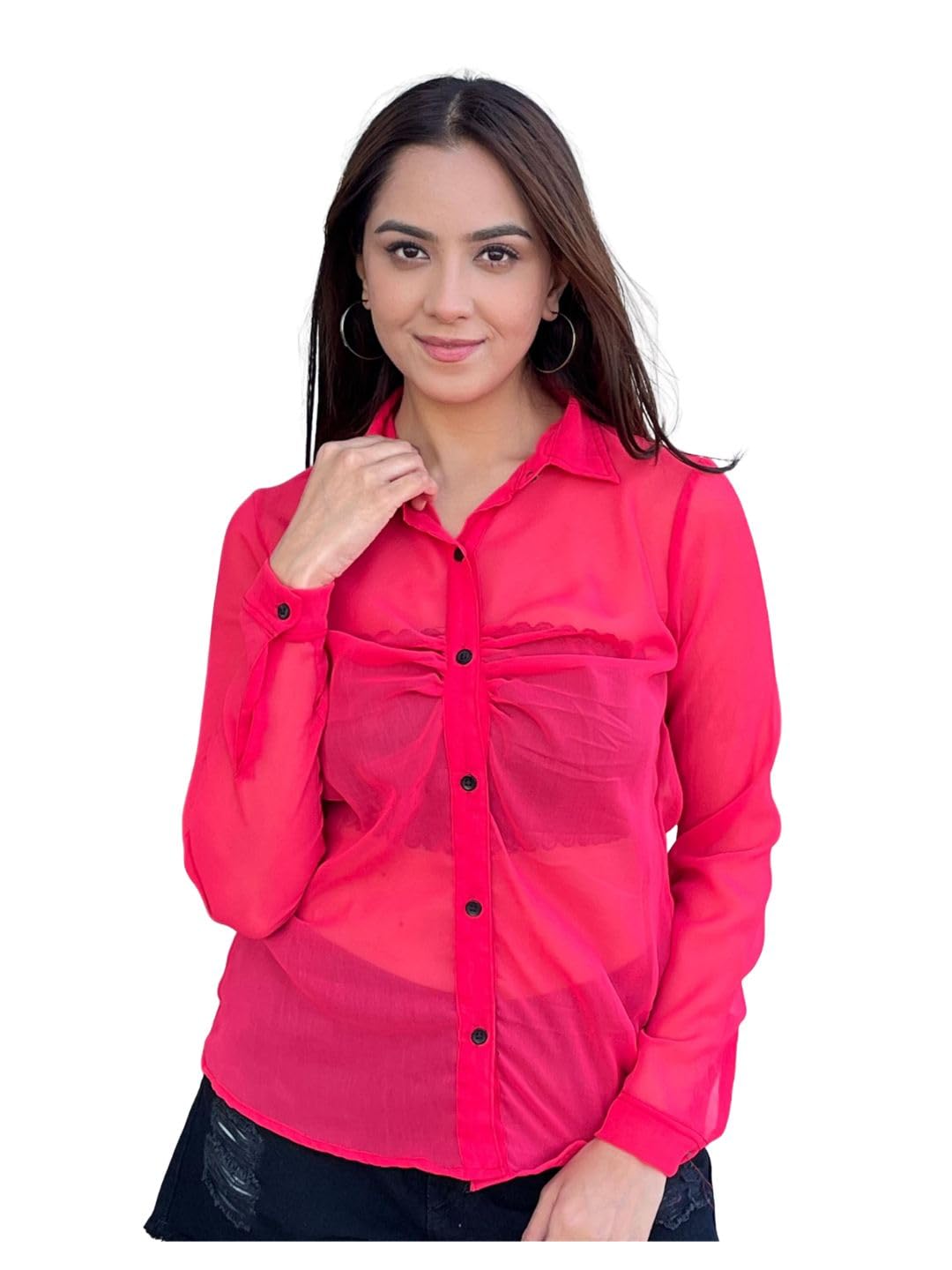 tandul Women's Solid Pink Shirt- Georgette Western Style Sleeveless for Office, Casual, Festive & Party (11797)-picture-13