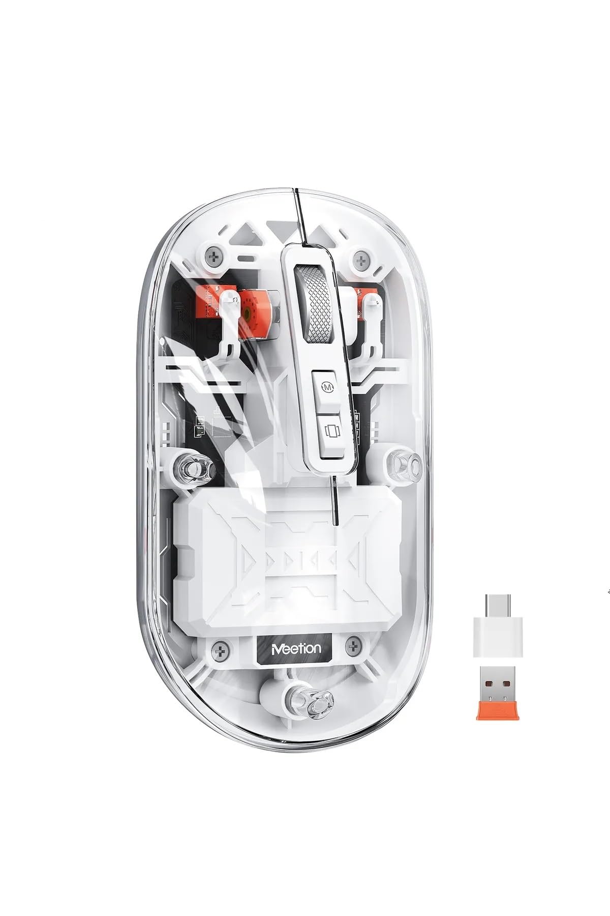 Meetion BTM005 Wireless Mouse, white, showing its transparent top cover and internal components.