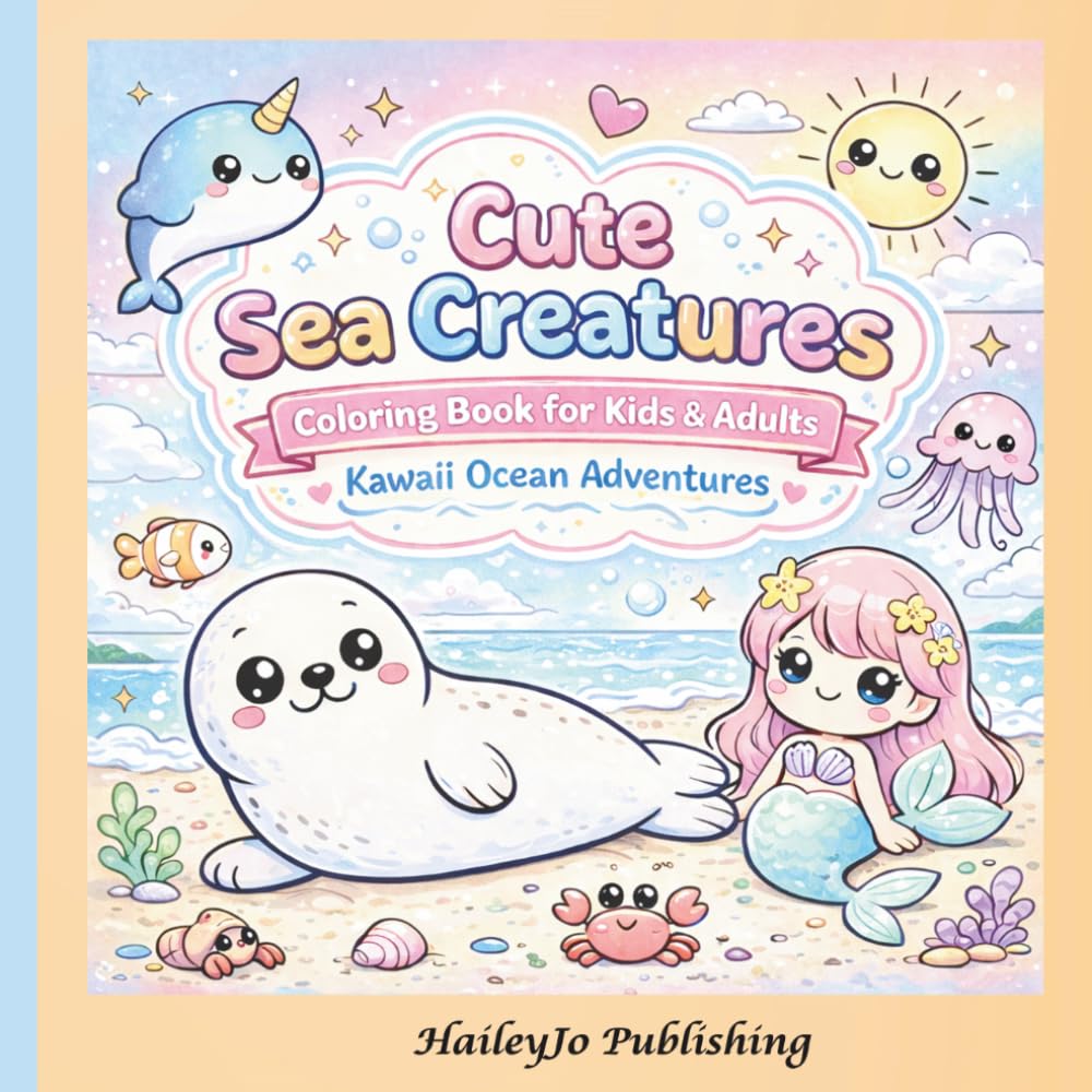 Cute Sea Creatures Coloring Book For Kids & Adults - Kawaii Ocean Adventures: Cute & Easy Coloring Pages with Bold Lines | Adorable Kawaii Sea Animals, Mermaids, Dolphins, Patterns & much more