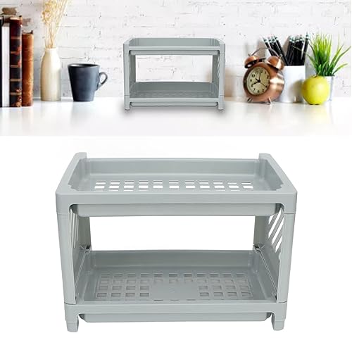 Miniatura 4 de Estante para cosméticos de escritorio de 2 niveles, organizador de escritorio, estante de almacenamiento, diseño hueco de PP, gris
