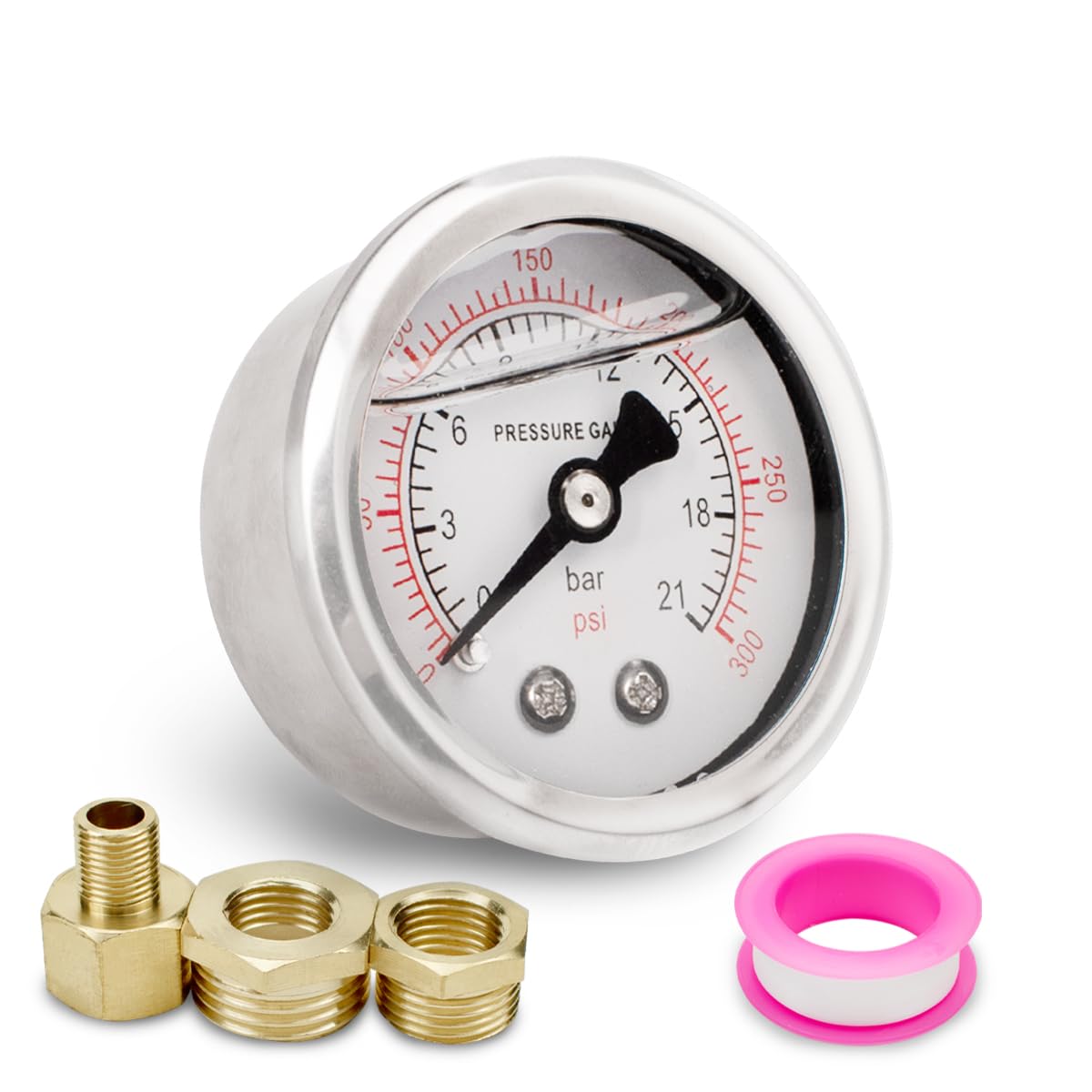 1 Pcs 60mm Pressure Gauge BSP 1/4" 0-21 Bar 0~300 Psi with 2 Pieces Bushing 1/4" to 3/8", 1/4" to 1/2" and 1 Piece Hex Nipple Reducing 1/4" to 1/8", One Teflon Tape, Axial