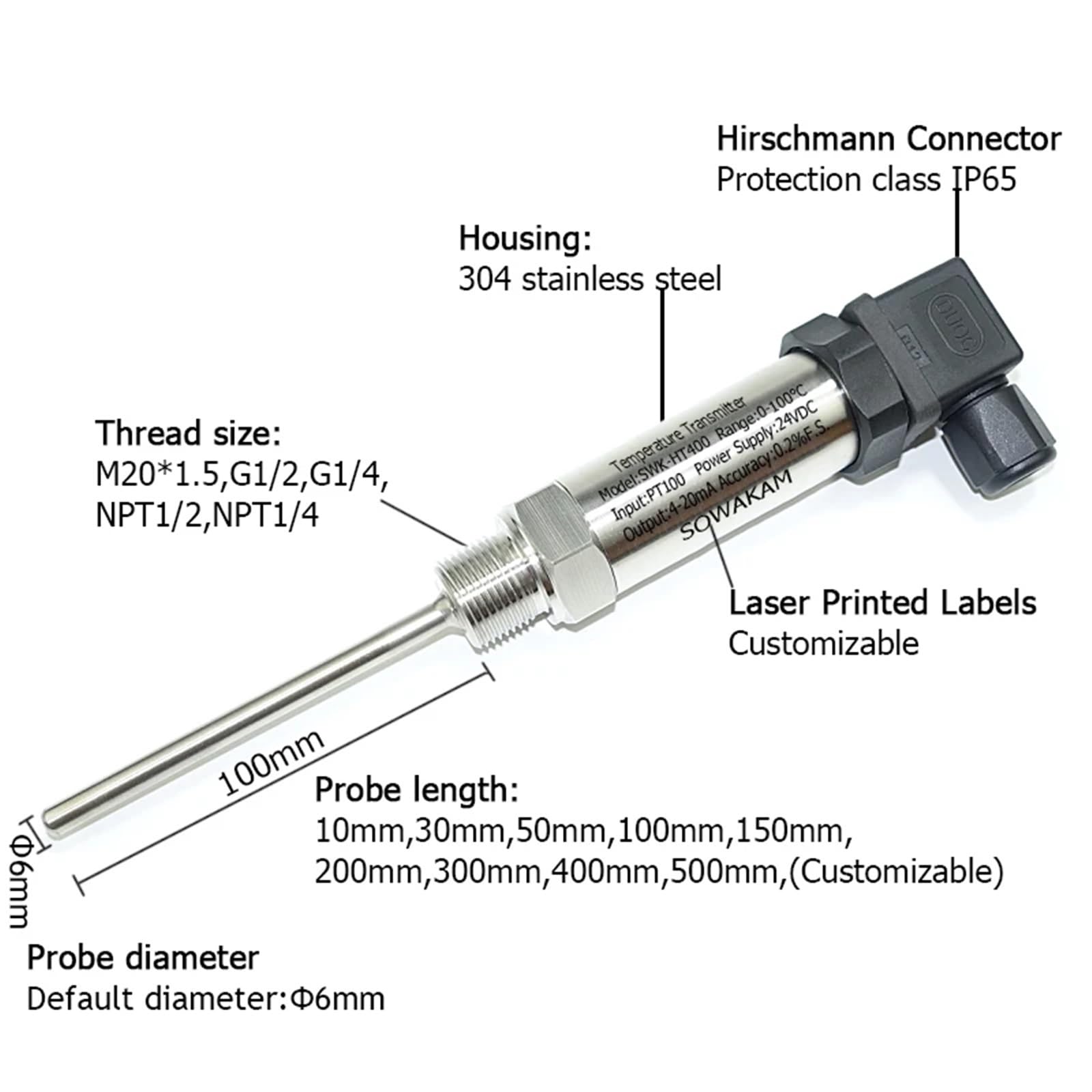 Sensor de Temperatura RTD de Platino PT100 Módulo Sonda de Temperatura RTD enchufable Salida de 4-20 mA 24 VCC Temperatura Hussman(0-50C M20-1.5,150mm)