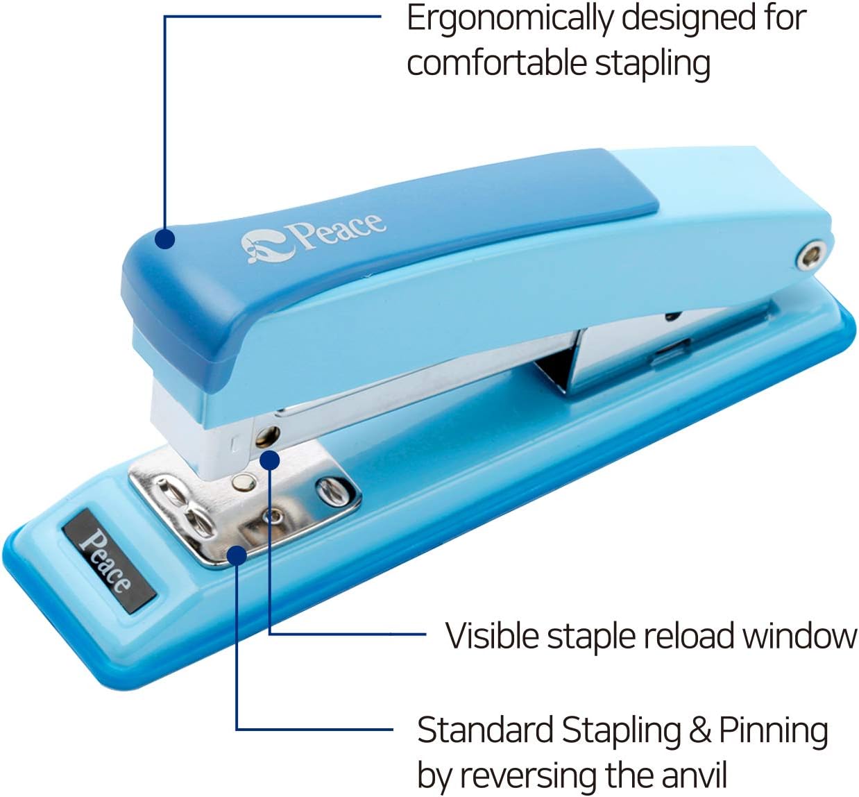 Peace Stapler with 2000 Staples, 2 Pack, Desk Metal Stapler, 25 Sheet Capacity, Standard Commercial Stapler, 100% Made in Korea, Blue Stapler