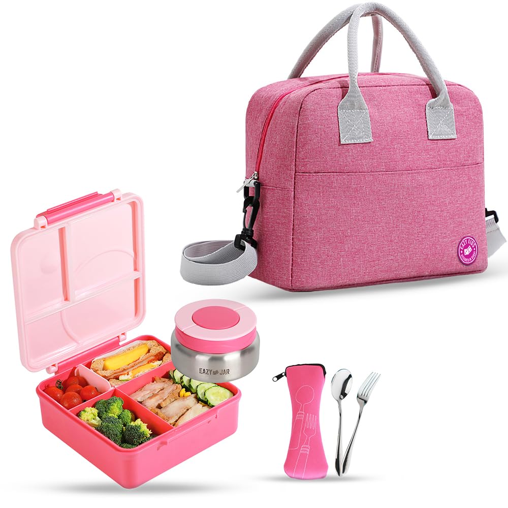 Eazy Kids Jumbo Bento Lunch Box w/Lunch Bag, Food Jar and Cutlery (Pink Lunch Box + Pink Lunch Bag)