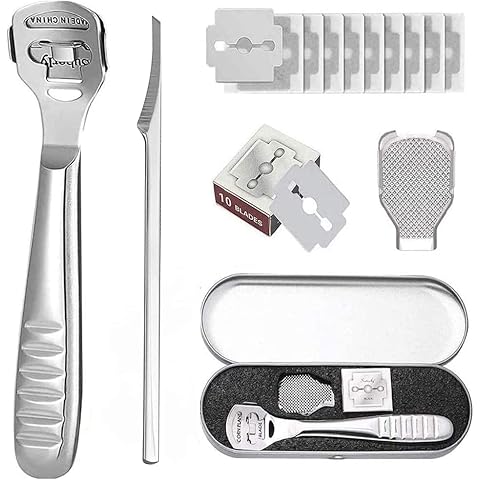 Foot Files Set Callus Shaver - Pedicure Foot Scraper Dead Hard Skin Remover Heel Corn Cracked Skin Removal Foot Rasp Kit - Stainless Steel Foot Care Tools with 10 Replacement Head for Feet Hand Silver Cover
