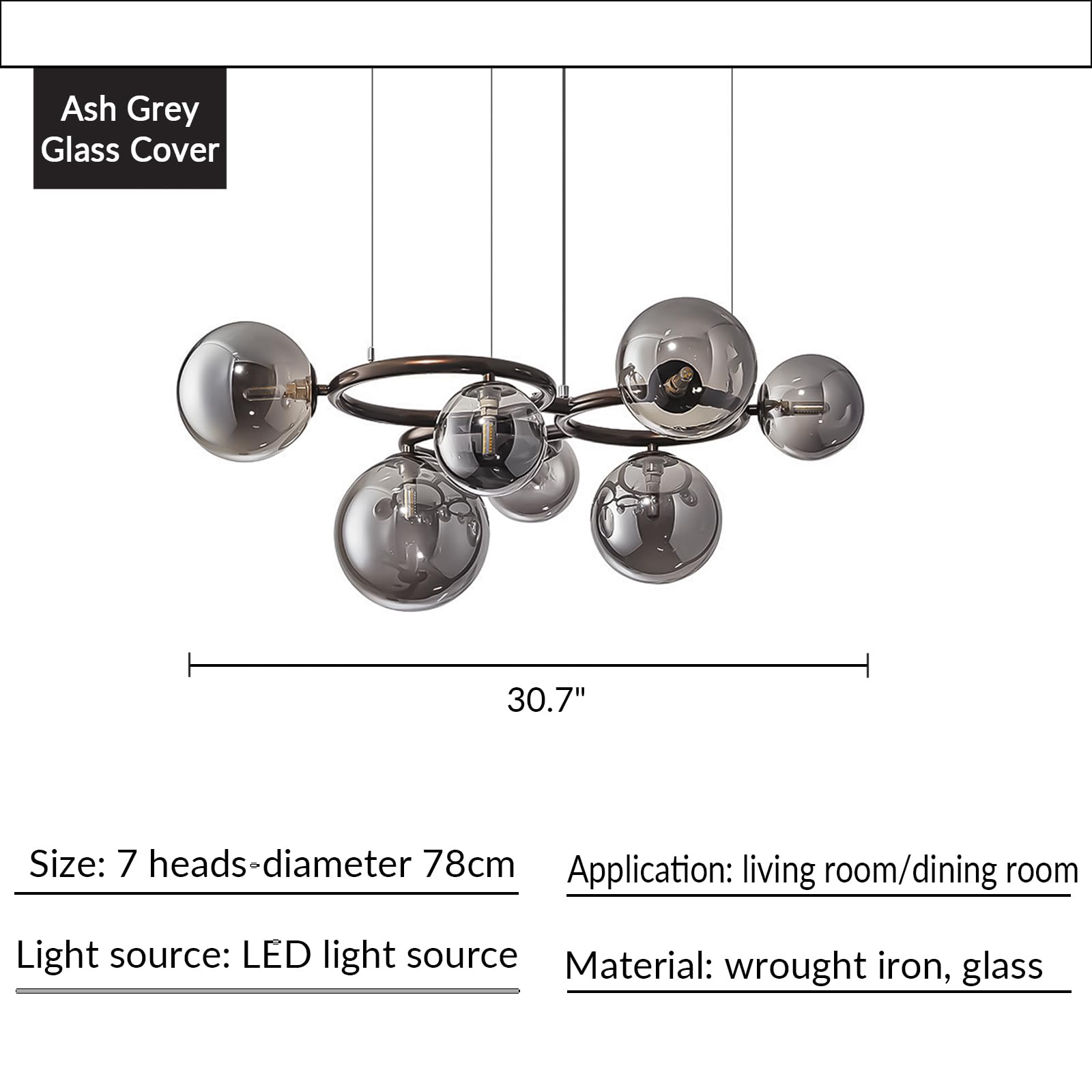 lamp Lampadario in vetro fumé a 7 teste con lampadari anulari a 3 anelli for soffitti alti paralume Magic Bean moderno di metà secolo for sala da pranzo/soggiorno/camera letto/cucina (nero) lampada