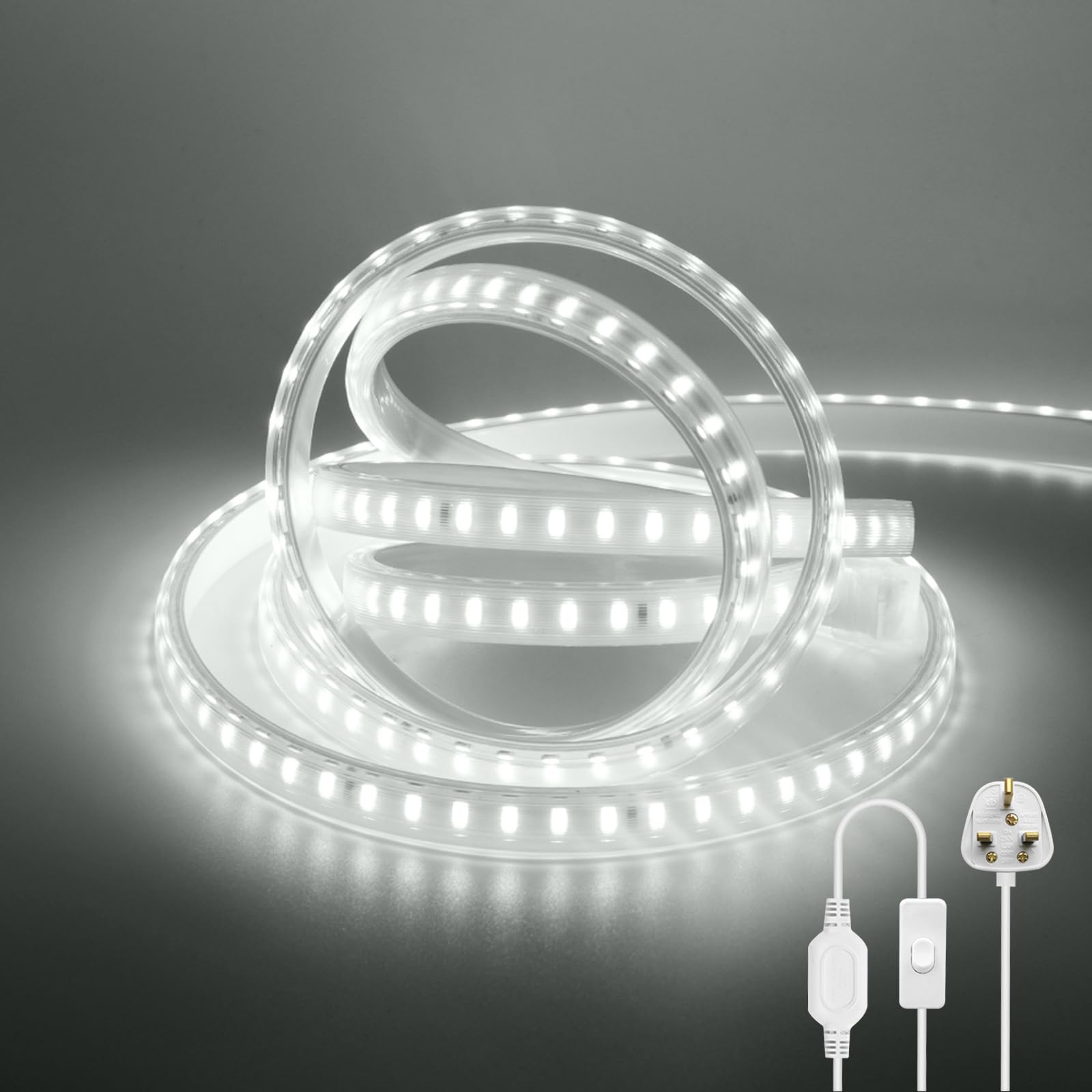 KAFULA - 220V Flexible LED Strip Light with On/Off [5m, White Light 6000-6500K], SMD2835 IP65 Waterproof LED Fairy Lights, 120 LEDs/M Cuttable LED Rope Light CRI85+, Home/Store Decoration