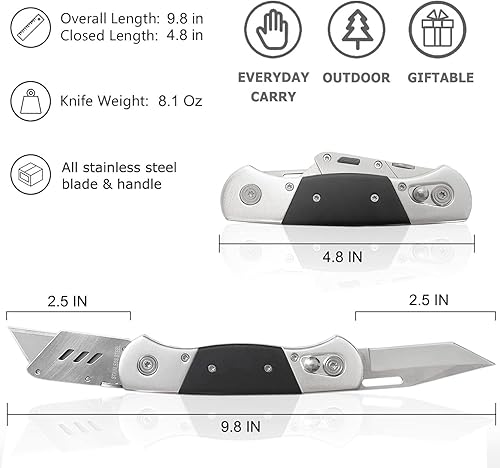 Miniatura 6 de Cuchillo plegable con funda y 10 cuchillas de afeitar, cuchillo cortador de caja resistente con cuchillas duales, cuchillo de construcción para