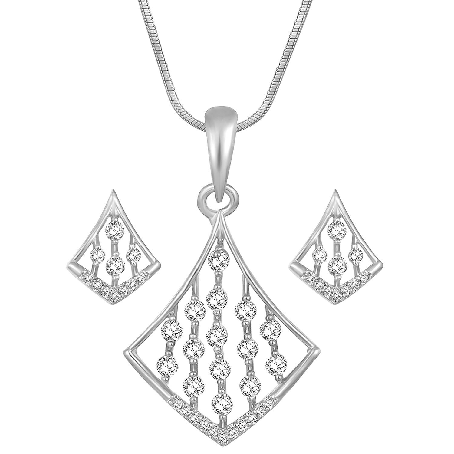 Peora Silver Plated Cubic Zirconia Studded Rhombus Shape Pendant Chain & Stud Earrings Western Stylish Jewellery Set for Women (B0CTQGDR89) Amazon Price History, Amazon Price Tracker