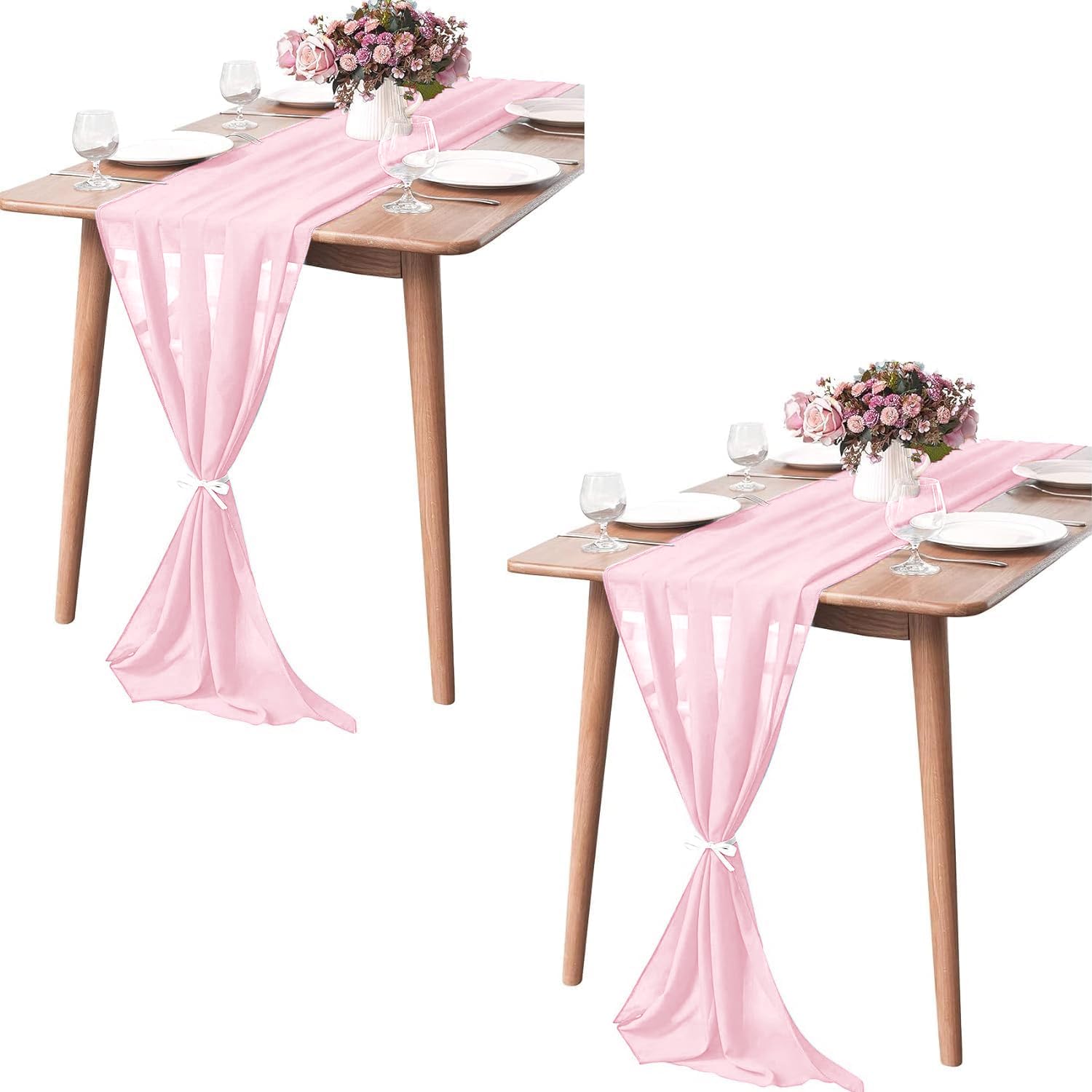 Photo 1 of 2 Pack 10Ft Blushing Pink Chiffon Table Runner Sheer 29x120 Inch for Romantic Wedding Decor Bridal & Baby Shower Birthday Rustic Party Decoration