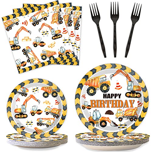 Image of 100 Pcs Construction Birthday Party Plates and Napkins Set Dump Truck Birthday Party Decorations Supplies Construction Tableware Construction Themed Party Favors for Boys Birthday Serves 25