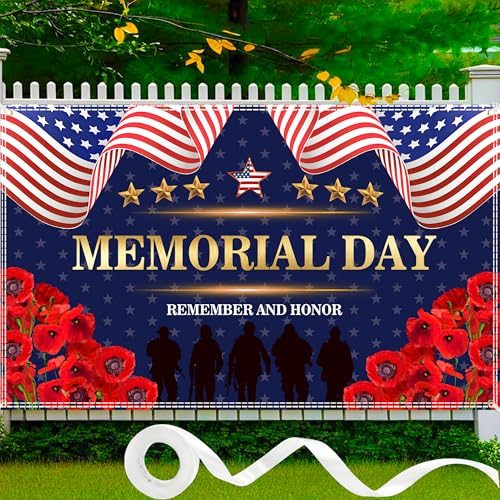 7143 Inch Memorial Day Banner Veterans Day Backdrop 4th of July Patriotic Backdrop Remember and Honor Memorial Day Decorations for Home School Office with Ribbon
