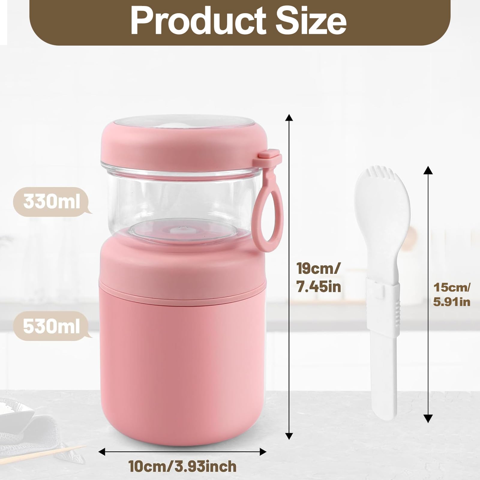 Duży kubek na musli ze stali nierdzewnej, na wynos, z łyżeczką, 530 ml + 330 ml, przenośny, szczelny, nadaje się na śniadanie, do pracy, pikniku (różowy)