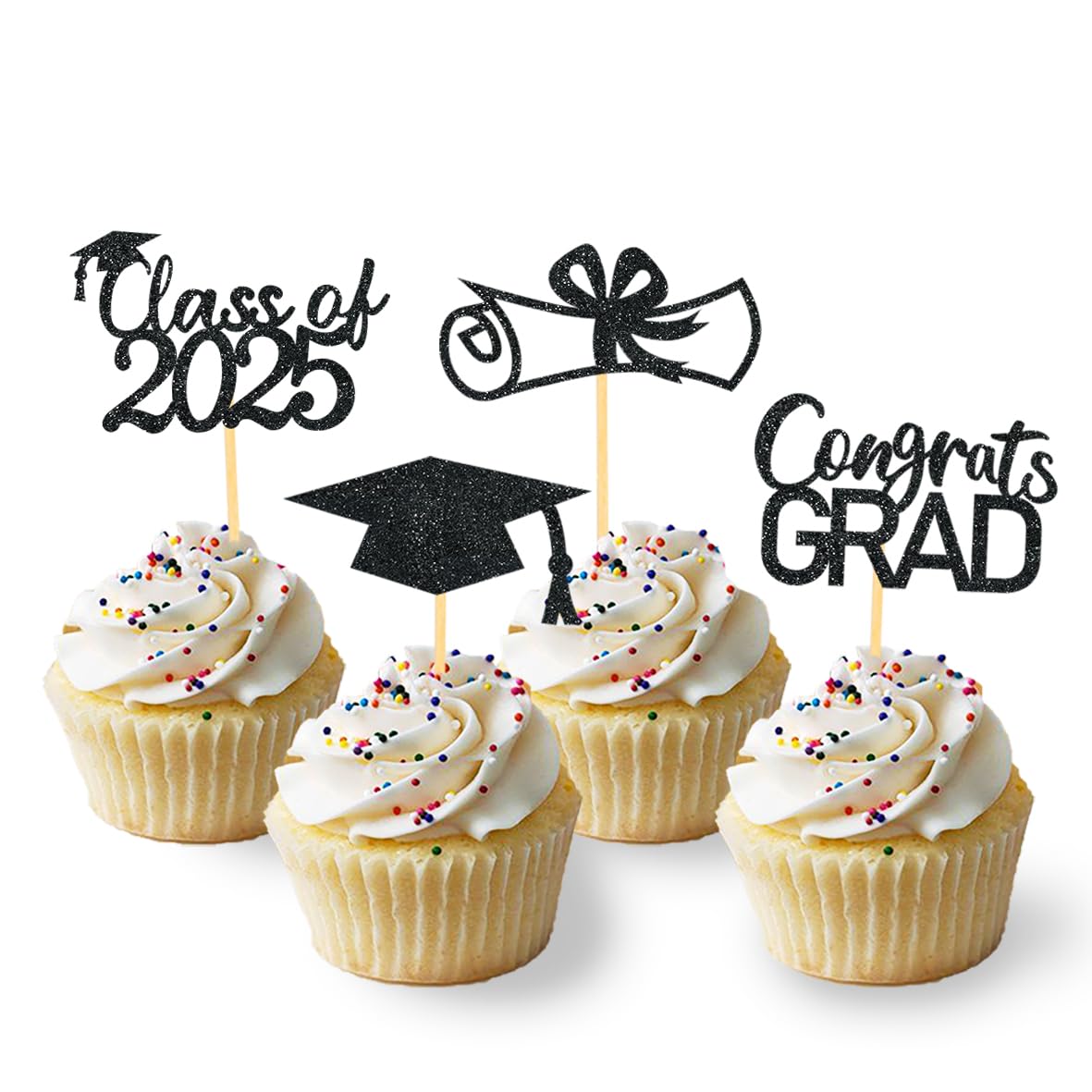 Moitkptt 24Pcs Black Graduation Cupcake Toppers - Class of 2025 & Congrats Grad - Set of 24