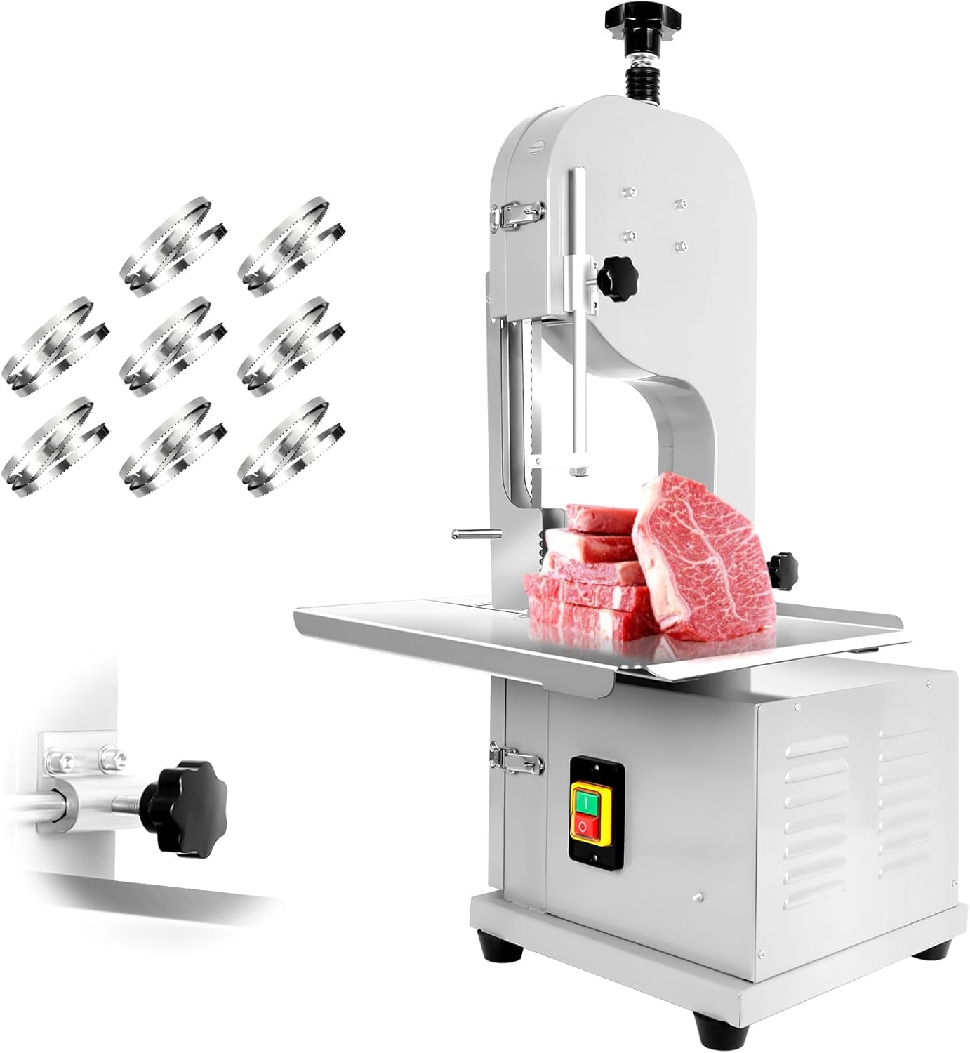 Vohala Stainless Steel Meat Slicer, 2500W Electric Bandsaw, Bone Cutter with 8 Blades, Commercial Meat Saw with 0.04-9.8 Inch Cutting Thickness for Pork Leg (Countertop Style 2500W)