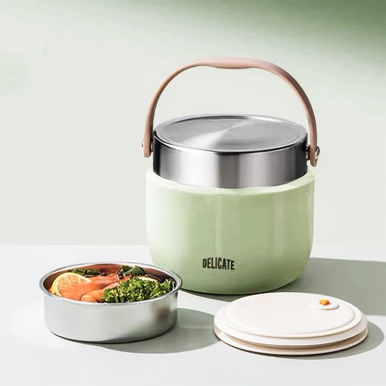 1200ml Contenitore Termico per Alimenti Caldi, Portavivande Termico in Acciaio Inossidabile con Maniglia, Thermos per Alimenti con Cucchiaio Pieghevole, Ideale per Zuppe, Pasta, Riso (Verde)
