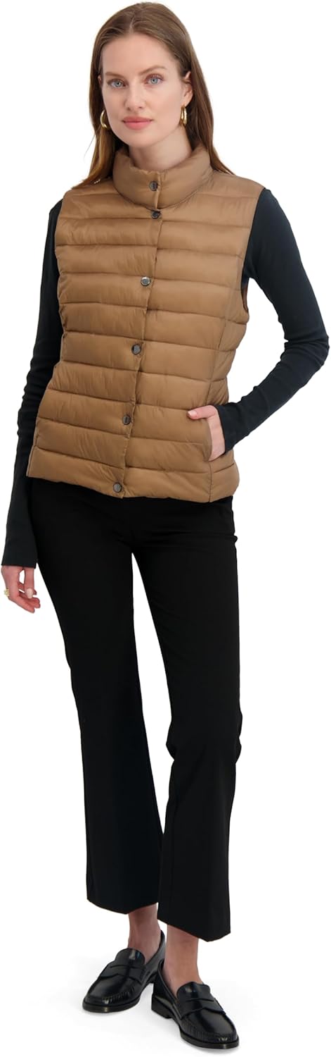 TAHARI Women's Quilted Lightweight Vest With Snap Closure, Water-resistant Nylon & Stretch Lining