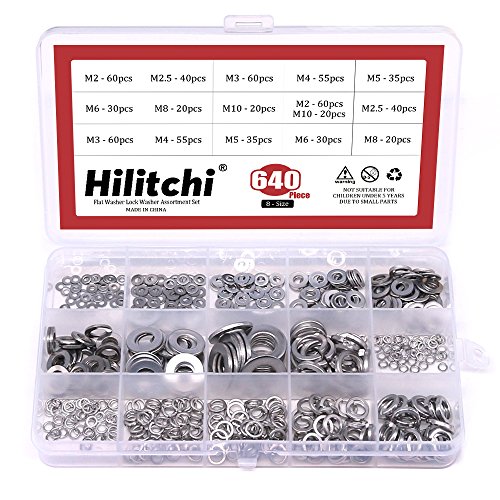 Hilitchi 640-Pcs [8-Size] 304 Stainless Steel Flat Washer And Lock Washer Assortment Set - Size Included: M2 M2.5 M3 M4 M5 M6 M8 M10 #TOP5