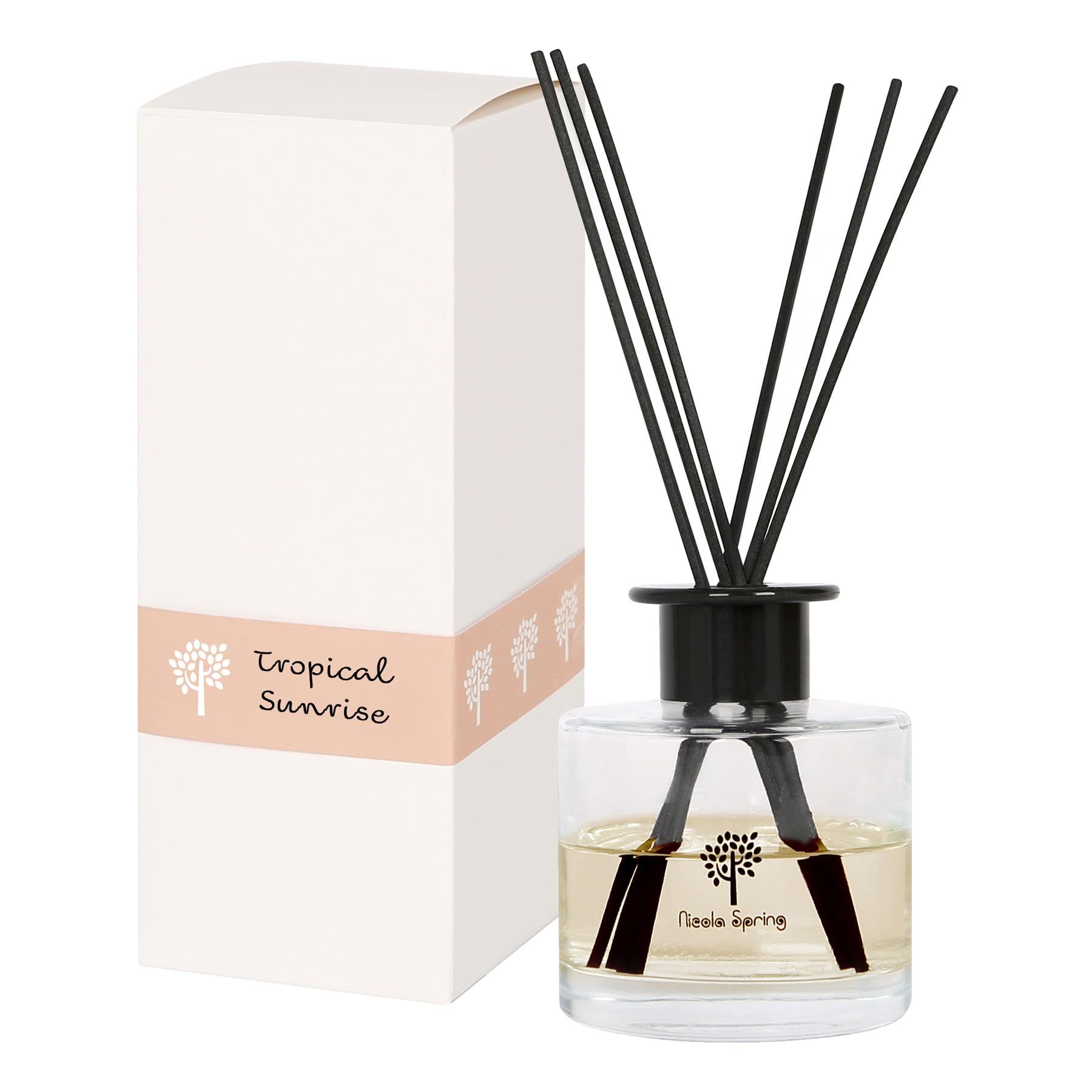 Nicola Spring Glass Reed Diffuser - 200ml - Tropical Sunrise - 1x Home Décor Bathroom Bedroom Room Essential Oil Air Freshener with Scented Sticks | Christmas Gift | 60 Day Fragrance