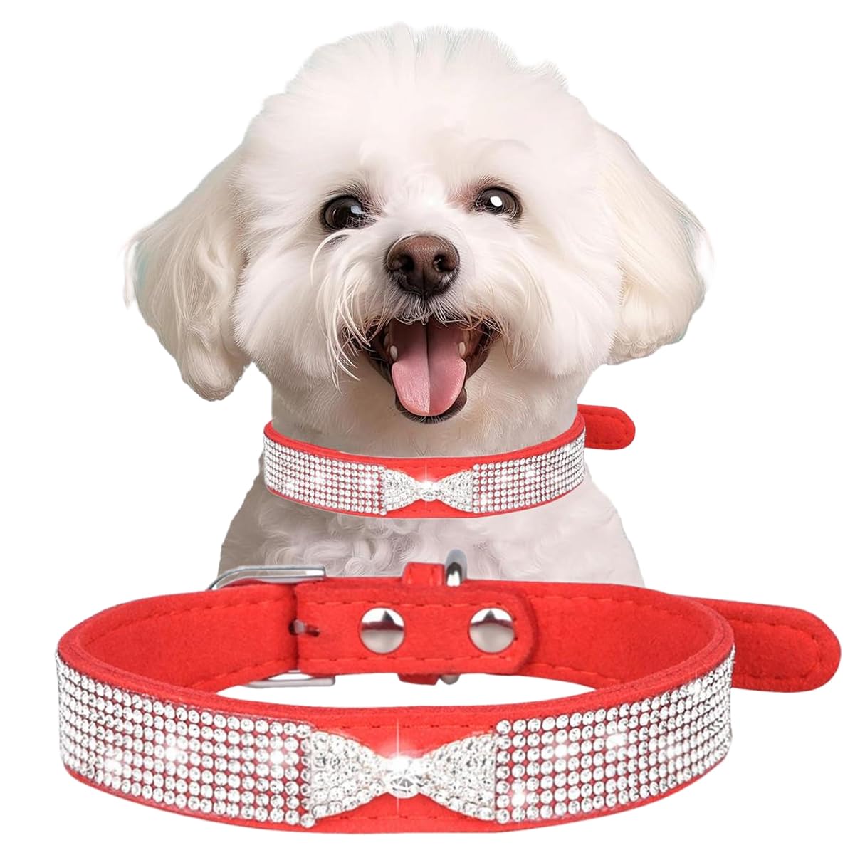 Rhinestone Dog Collar Bling Diamond Bowtie Cat Collars Adjustable for Small Medium Large Pets Kitten & Puppy Dark Red M