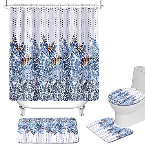 Duschvorhang-Set mit Blättern, Stoff, tropische Palmenblätter, Farn mit Punkten, Badezimmer-Vorhang, blau, Set mit…