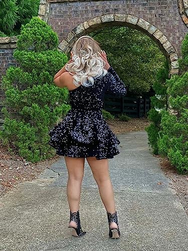 Women's One Shoulder Sequin Homecoming Dresses for Teens Puffy Layered Long Sleeve Short Cocktial Gown3
