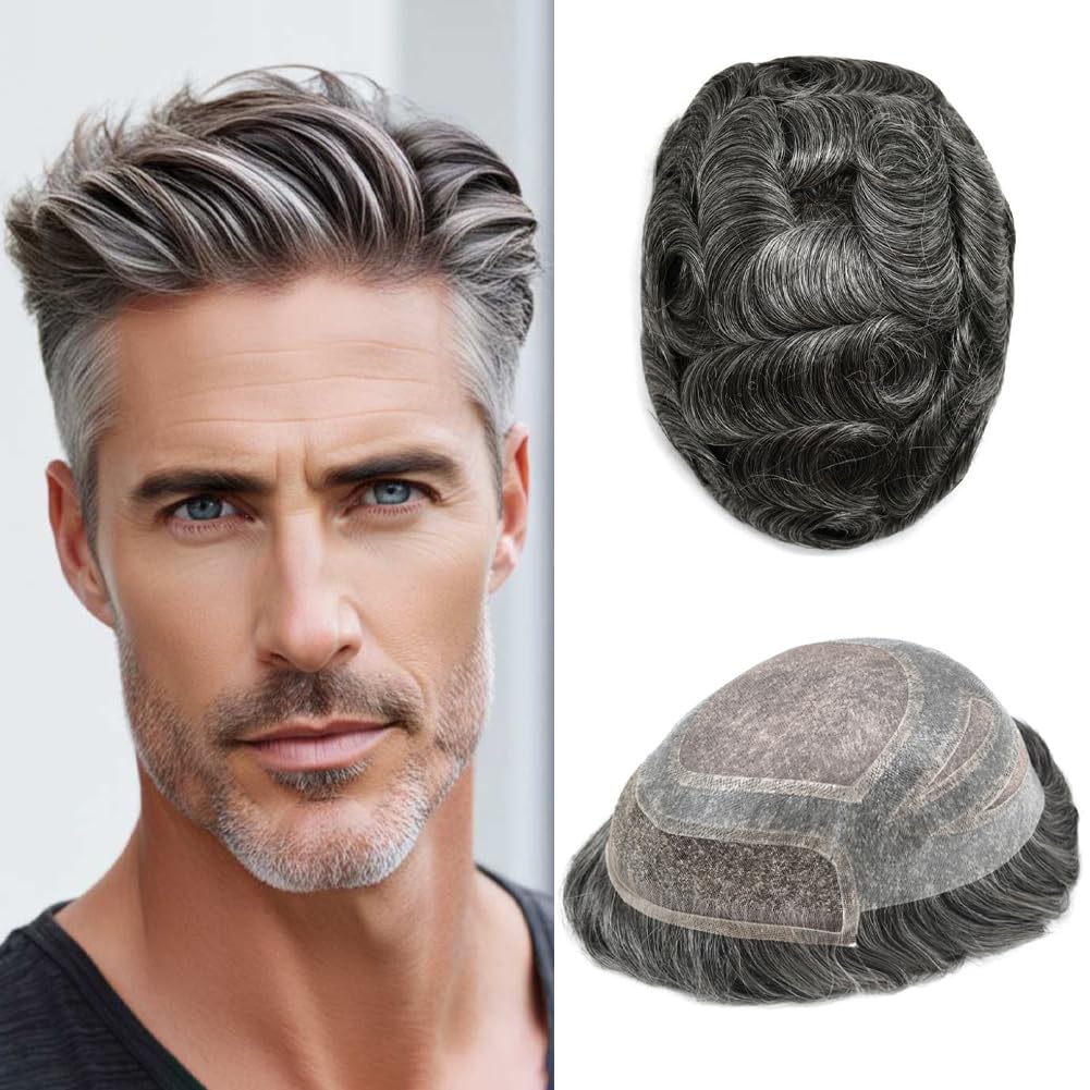 Hair System For Men Human Hair Fine Mono Mens Toupee Hair Pieces French Lace Front Toupee For Men Hair Prosthesis Natural Hairline 8x10 Medium Light Density #1B50#1B Off Black+50% Grey