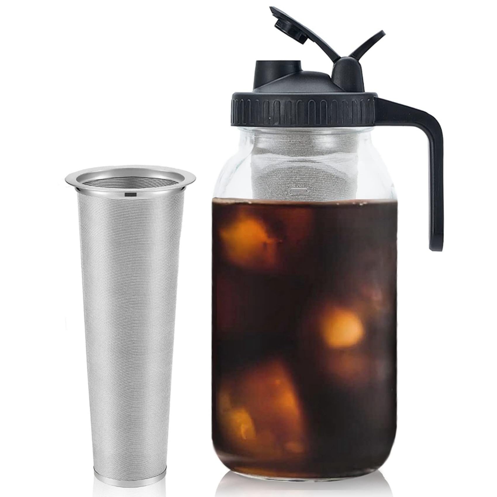 2X Cafetera de Preparación en Frío Jarra de Preparación en Frío de 64 Oz con Filtro Súper de Acero Inoxidable para Café Preparado con Hielo, Té Helado-A