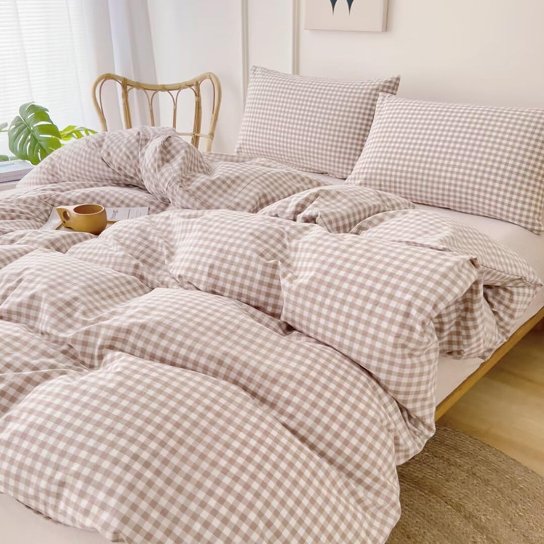 Ruccit Beige Gingham Duvet Cover King Size 100% Washed Cotton Tan Plaid Grid Duvet Cover Set King Checkered Pattern 3PCS Quilt Cover Bedding Set including Zipper Closure Corner Ties,Soft,Breathable - Image 4