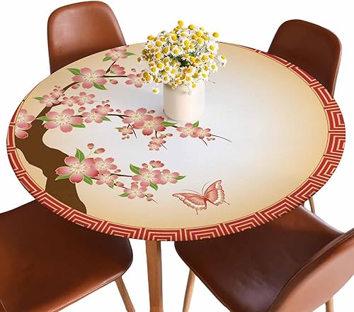 Miniatura 1 de Guxxuil Mantel redondo ajustable con borde elástico, diseño de cerezo oriental, color naranja, con borde elástico, impermeable, para 40-44 pulgadas
