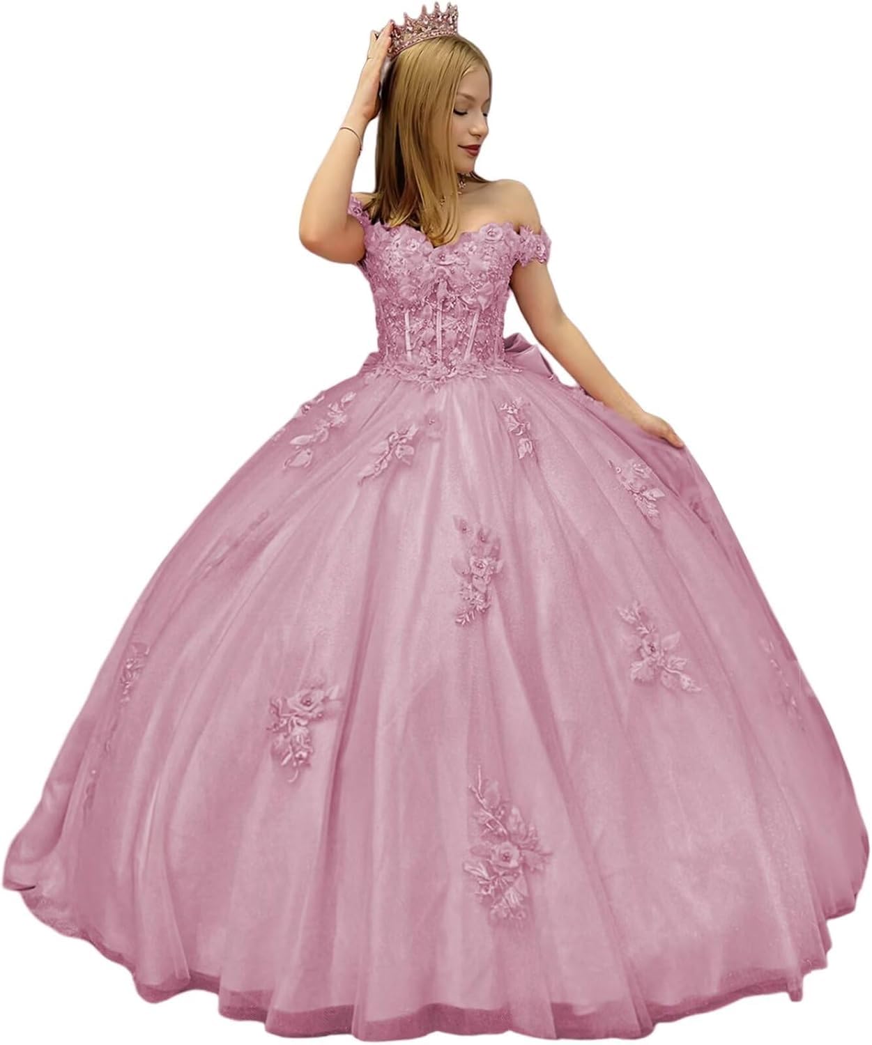 Fuomomo Women's Wisteria 3D Floral Quinceanera Dresses Ball Gown With Train Off Shoulder Puffy Lace Princess Dress Mt050