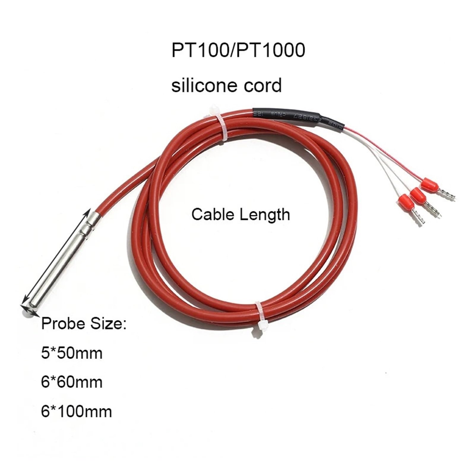Sensor de temperatura tipo PT1000, 3 cables con sonda de acero inoxidable duradera, resistencia térmica de silicona de 0,5 M-10M, 1 ud. | PT1000 6x100mm 10m