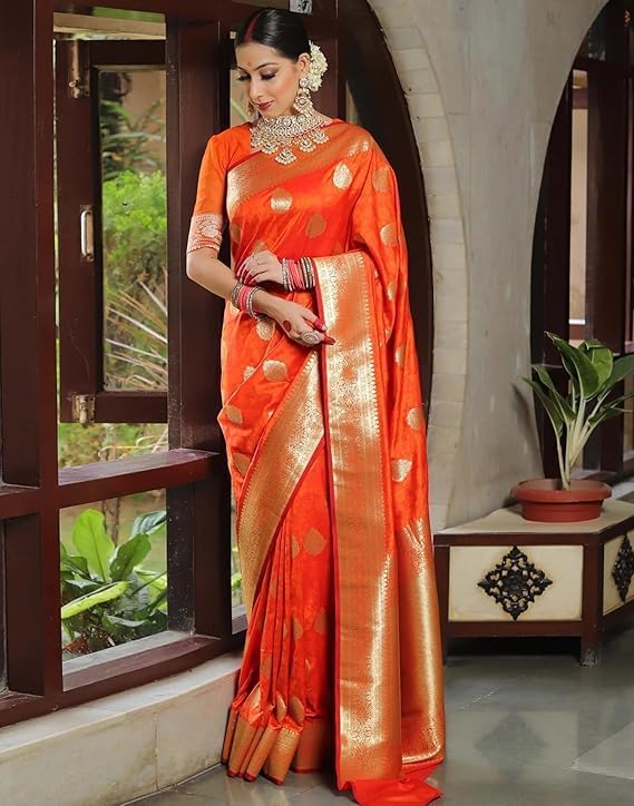 Women's Kanjivaram Silk Saree Jacquard Banarasi Sari With Blouse Piece For Wedding