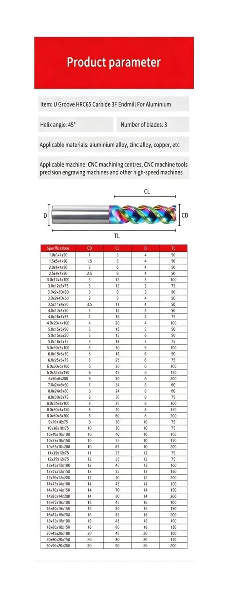 Fresa De Extremo Carburo Con Ranura En U HRC65, 3 Flautas, DLC, Revestimiento Colorido, Acero Tungsteno, Diámetro Flauta 1-20mm for Aluminio, 1 Ud(20x90x20x200)