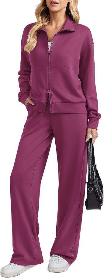PINSPARK 2 Piece Sets for Women Two-Way Zip Top Wide Leg Pants Tracksuit