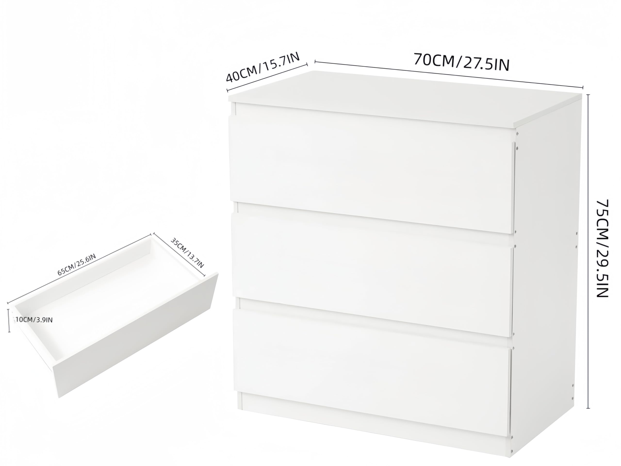 Cómoda Blanca con 3 Cajones, Cómoda y Cajonera Dormitorio Mueble de Cajonera Blanca Moderno Gavetero Alta 75 cm Almacenamiento Sinfonier para Dormitorio Salón Oficina (3 Cajones)