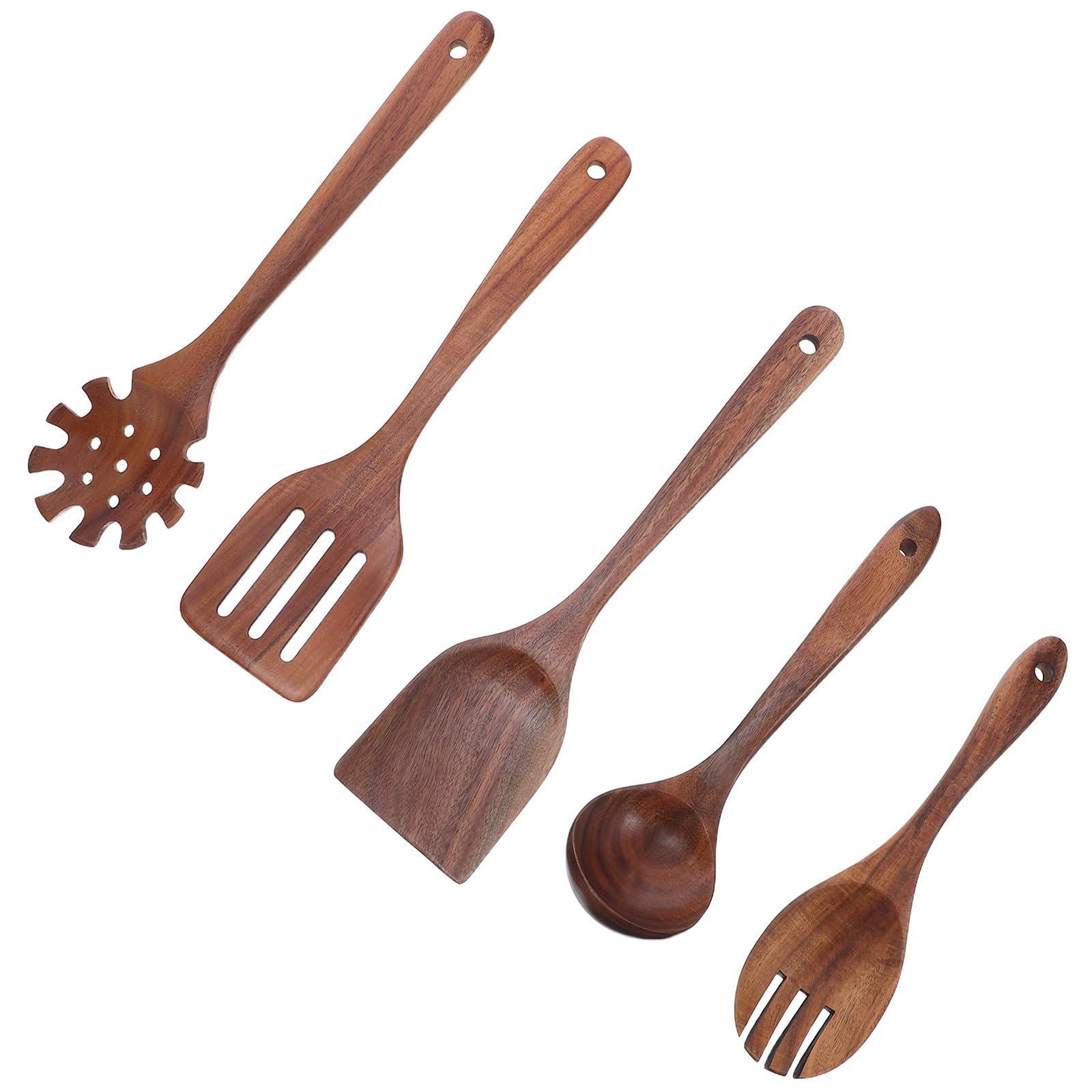 Set Utensili da Cucina in Legno Marrone 5 Pezzi Cucchiaio, Spatola e Mestolo per Mescolare e Protezione Pentole Antiaderenti in Cucina