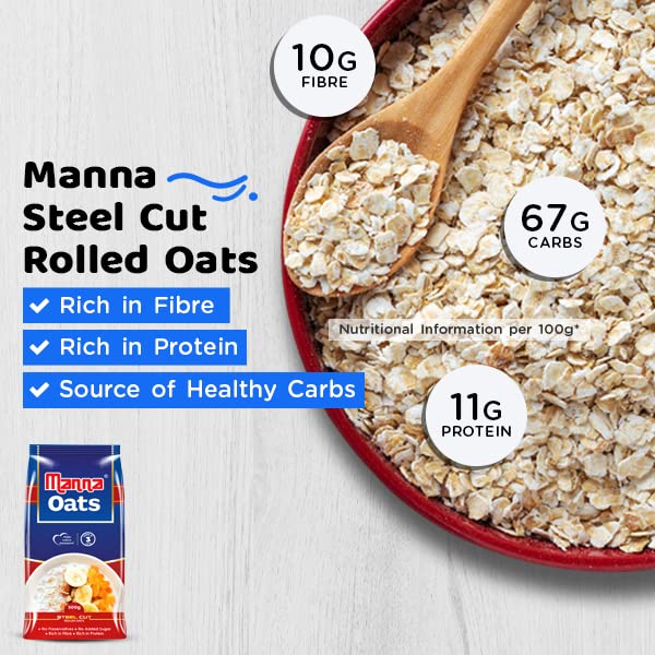 Image of Manna Instant Oats | White Oats High in Fibre and Protein | Helps Maintain Cholesterol. Diabetic Friendly | 100% Natural | 1.5kg (500g x 3 Packs)