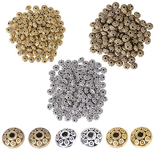 JNCH 300pcs Abalorios Espaciadores Mixtos Separador Abalorios Espaciador Cuentas de Plata Tibetano para DIY Pulseras Collares Colgantes Pendientes Joyería Bisutería 3 Colores Vintage Mixtos
