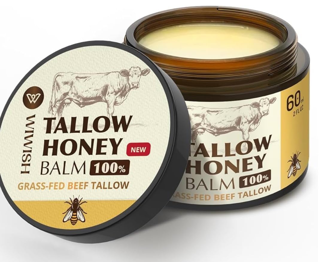 Wiwish Beef Tallow and Honey Balm for Face: Tallow Cream Face Moisturizer - 100% Grass Fed Beef Tallow Lotion for Body - Infused with Raw Wild Honey for Soft, Smooth Skin