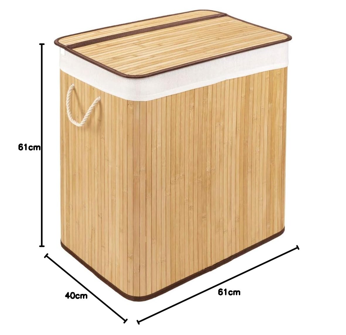 Cesto per il bucato con coperchio e 2 scomparti - robusto contenitore per il bucato in bambù - cesto per il bucato naturale con sacchetto per il bucato, lavabile - 100% bambù - 150 litri | Sacco portabiancheria rimovibile, 2 manici