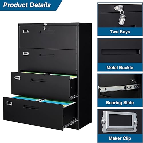 Vista 36 de Archivador de metal con cajón, archivador lateral vertical con cerradura, archivador con gabinete de almacenamiento para oficina en casa, gabinete