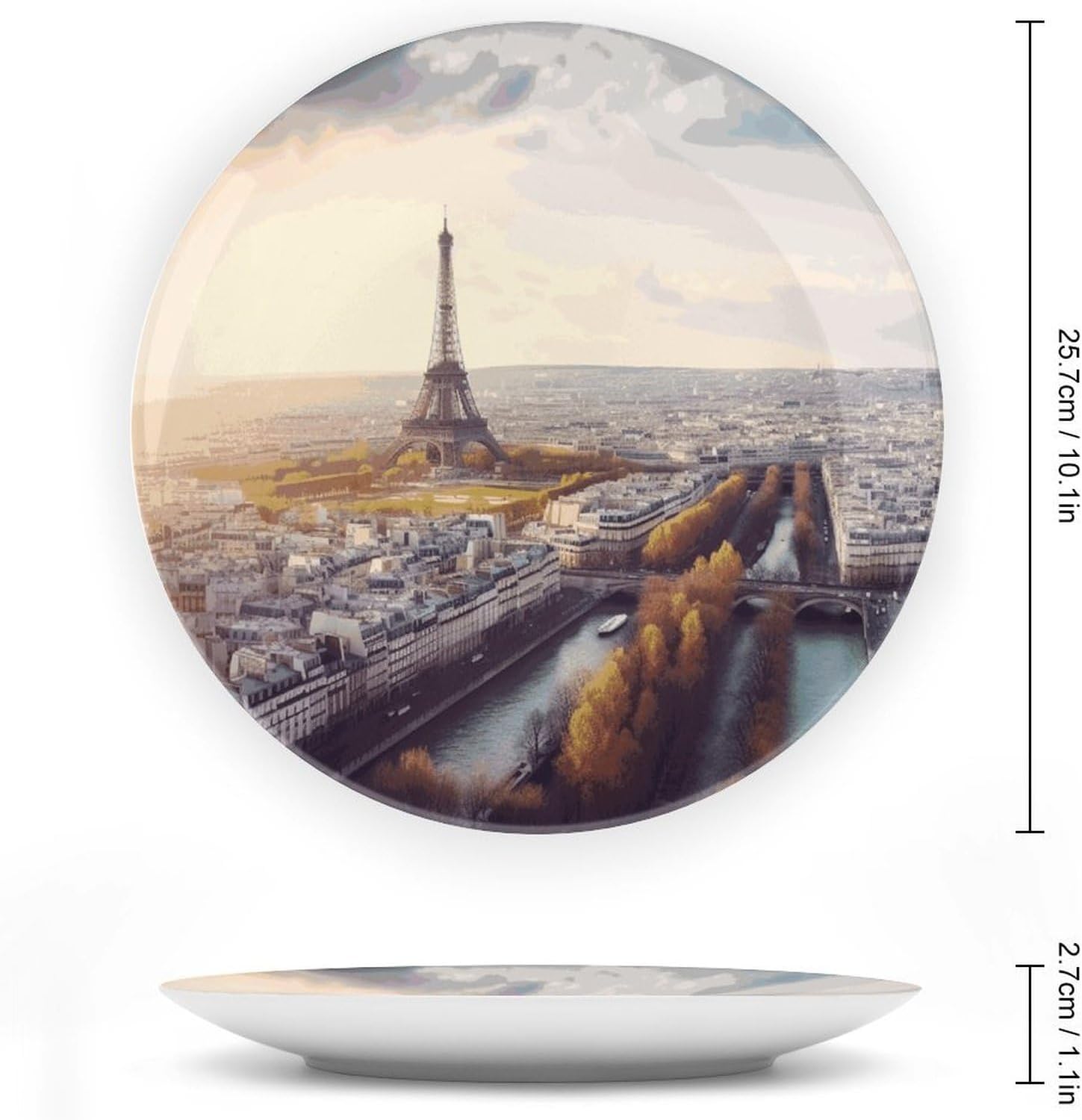Aerial View of Paris Cityscape Decorative Plates for Display Round Porcelain Plate Living Room Table Ceramic Hanging Decorative Plate Art Decor for Living Room Table with 1 Display Stand 10inc