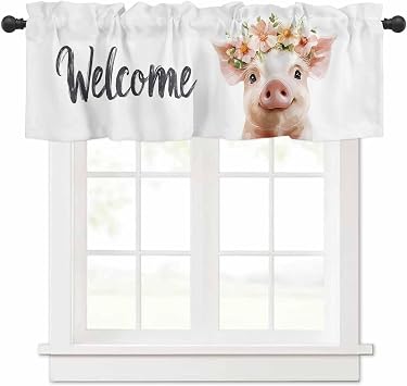 Farm Pig Flower Valances Window Treatment Farmhouse Decor, Wildflower Garden Motifs Floral Garland Rod Pocket Valance Curtains for Living Room, Bedroom, Kitchen, 54" W x 18" L - 1 Panel
