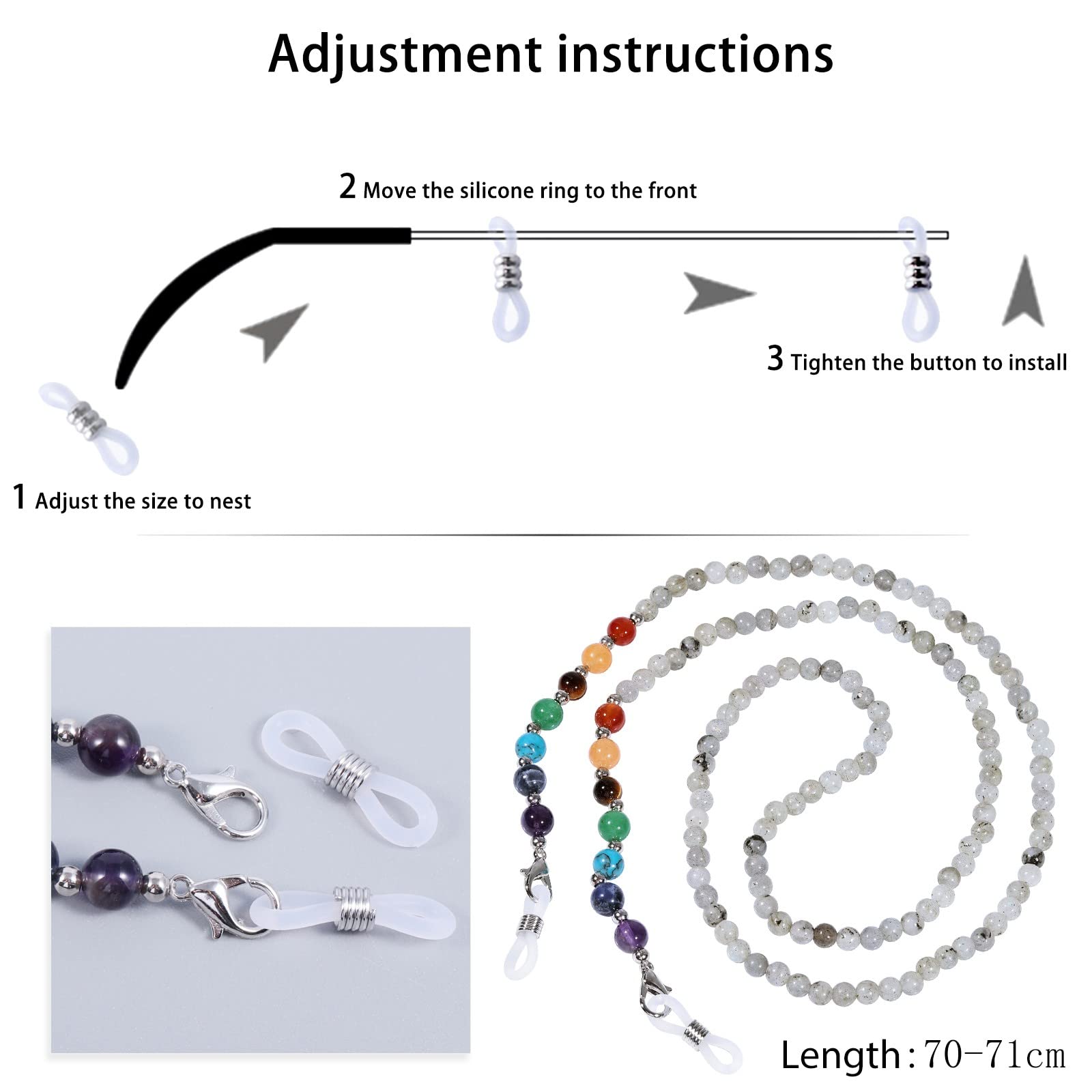 KYEYGWO 7 Chakren Stein Perlen Brillenkette für Damen und Herren, Reiki Kristall Brillenband Edelstein Brillenkordel Mode Kette Brillenschnur für Sonnenbrillen, Myopiebrille, Lesebrillen