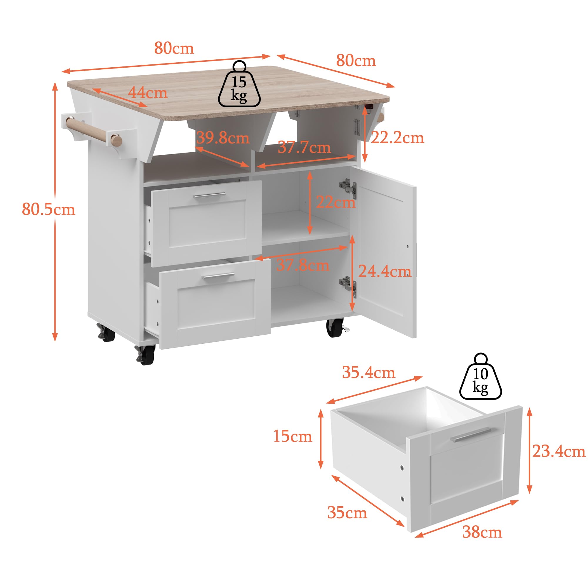 Kücheninsel auf Rollen Servierwagen mit Rollen Küchenwagen mit ausziehbarer Arbeitsplatte Rollwagen mit Schubladen Barwagen für Küche, Esszimmer, Frühstücksbar Weiß, 80 x 80.5 x 80 cm, Verdickte MDF